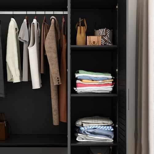 jiteentarou 4 Door Armoire Wardrobe Closet Cabinet with Drawers and LED Lights, Multi-Tier Shelves, Hanging Rod & Louver Doors, Large Capacity Storage Wardrobe Armoire for Bedroom(4 Doors Black)