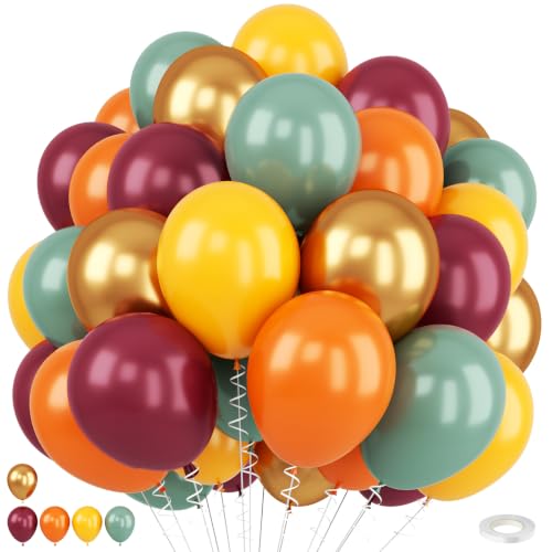 Image of Green Orange Balloons, 12 Inch Fall Balloons with Burgundy Yellow Balloons
