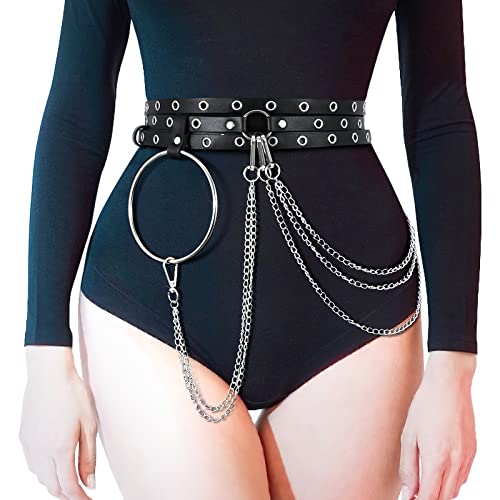 LEACOOLKEY Femmes Punk Chaîne de taille Ceinture Noir Chaîne de corps Réglable Gothique Ventre Ceinture Ceinture Ceinture Ceinture en Cuir PU Ceinture pour Filles Robe Halloween Costume Cover