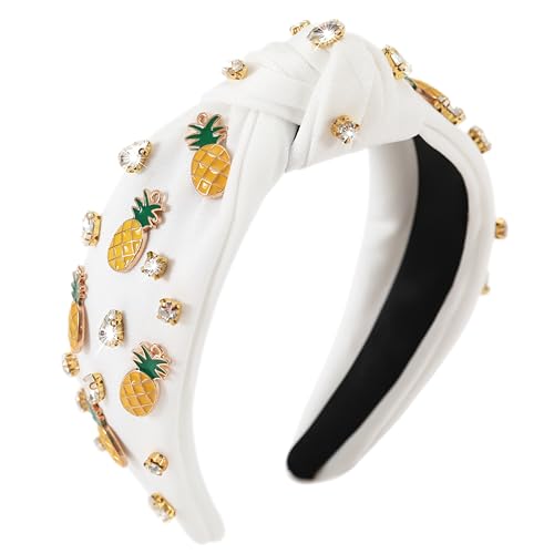 Gmmidea Summer Pineapple Headband Fruit Rhinestone Knotted Headbands for Women Girls Sparkly Beaded Jeweled Headband Fabric Wide White Hairband Beach Hair Accessories Outfits