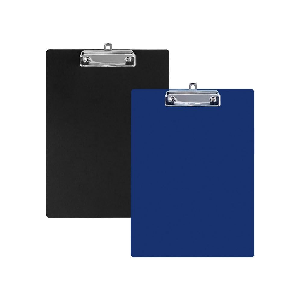 Vmoomax A4 Plastic Clipboards, Blue and Black 2 Pcs Clipboard Folder with Metal Clip and Hidden Hanging Hook, Durable Waterproof Clip Board for Office, School, Menu Display, Drawing, Document Writing