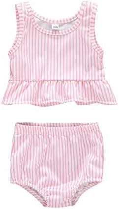 Baby Girl Bikini Striped Beach Swimsuit Ruffles Bathing Suit Adjustable Swimwear 2 Pcs Set (6-9 Months, Pink C)