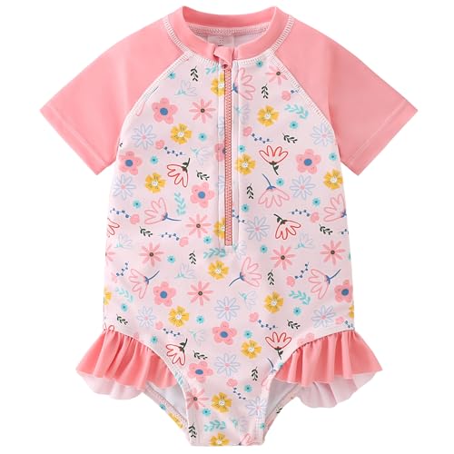 Image of AMIYAN Toddler Girls One-Piece Swimwear Short Sleeve Ruffle Swimsuit Zipper Rash Guard Bathing Suit for Little Girls 1-5Y