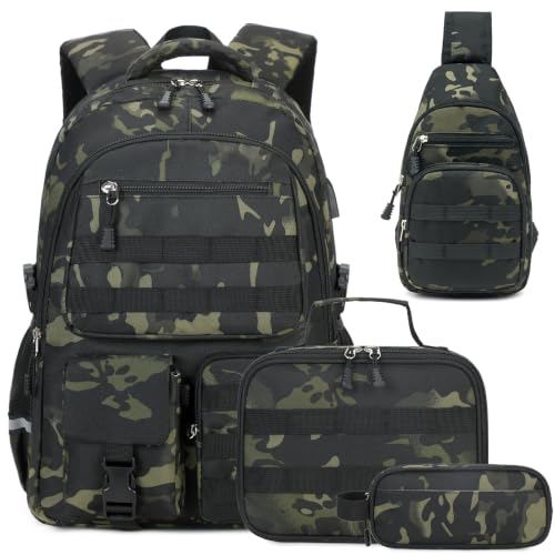 DIGOBAY Mochila camuflada para meninos, Camuflagem preta e cinza, Large, Escola