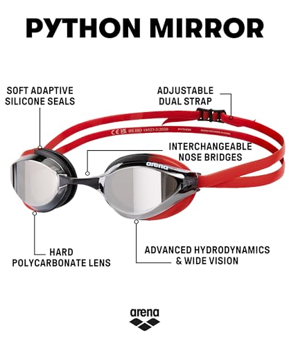Image of ARENA Unisex Python Racing Swim Goggles for Men and Women Anti-Fog No Leak Max Comfort Dual Strap, Mirror /Non-Mirror Lens