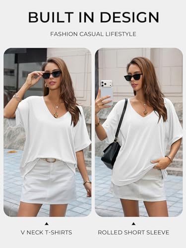 Image of UNCLECAT Womens V Neck Oversized T-Shirts Summer Short Sleeve Loose Tops