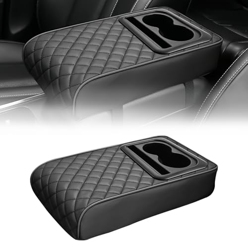 EKUWU Leather Car Armrest Cup Holder Cushion, Memory Foam Car Arm Rest Cushion with Cup Holder & Phone Storage, Waterproof Ergonomic Armrest Box, 13.78