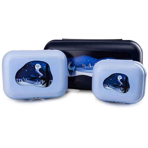 Tupperware Eco+ Winter Magic Lunch Box To Go Maxi-Twin Winter Motif + Small Twin Light Blue Winter Owl + Mini-Twin Light Blue Winter Owl (Includes Cookie Cutter Light Blue)