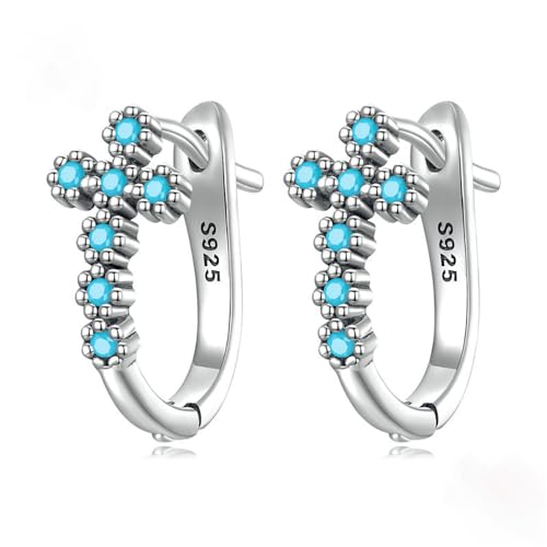 Créoles croix turquoise en argent 925, boucles huggies au design raffiné