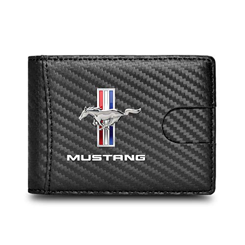 PDTXCLS Ford Mustang Tri-Bar Logo Black Slim Real Leather Carbon Fiber Patterns RFID Blocking Bi-fold Wallet