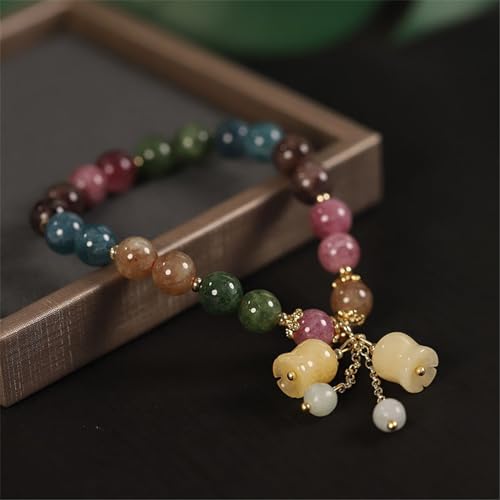 Natural Colored Tourmaline Bracelet, Hand Carved Lily of The Valley Flower Pendant Bracelet, Crystal Beaded Flower Charm Bracelet, Good Luck Jade Bead Bracelet for Women (Style 01)2