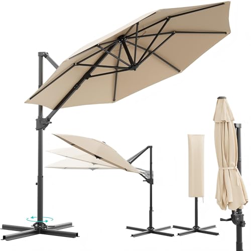Devoko Ampelschirm 300 cm, Sonnenschirm für Garten & Terrasse, Gartenschirm mit UV-Schutz 30+, Windsicherung Marktschirm, 360° Drehbar, mit Kurbel und Schutzhülle, Beige