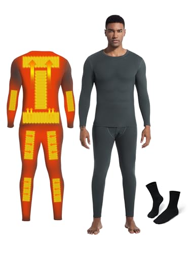 Raueupo Warm Thermal Underwear Set Mens Base Layer Long Johns Winter Hunting Gear Bottom Leggings Top with Mens Crew Socks (Grey, X-Large) - Thumbnail 4