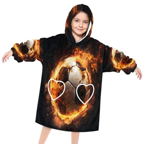 Kids Blanket Hoodie Fire Football Wearable Blanket Hoodie Oversized Hooded Blanket, Sweatshirt Blanket with Pockets Soft Warm Kids Hooded Blanket for Girls, Boys