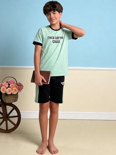 Image of Li'l Tomatoes Boys 100% Cotton Night Suit Set | Half Sleeve T-Shirt & Shorts | Color Block & Typography Print | Soft & Breathable Sleepwear | Casual Summer Wear | 9-16 Years