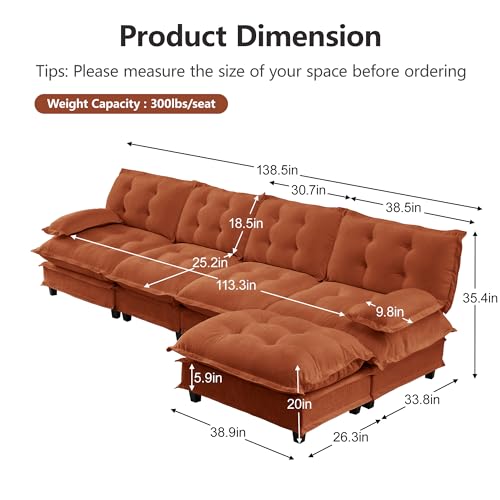 Image of 139 inch Sectional Sleeper Sofa with Ottoman, L Shaped Modular Deep Seat Couches for Living Room Apartment, Flexible Module Combination Cloud Sofa with Spring Support, Easy Assembly, Orange