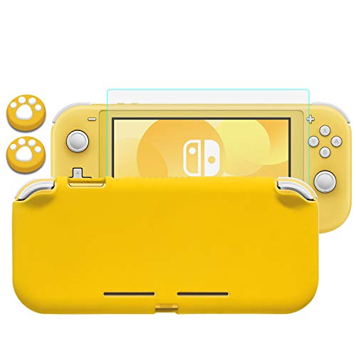 Lammcou Beschermhoes Set voor Nintendo Switch Lite 2019, Liquid Silicone Switch Lite Case & 9H Gehard Glas Screen Protector & Thumb Grip Caps voor Nintendo Switch Lite Case - Geel