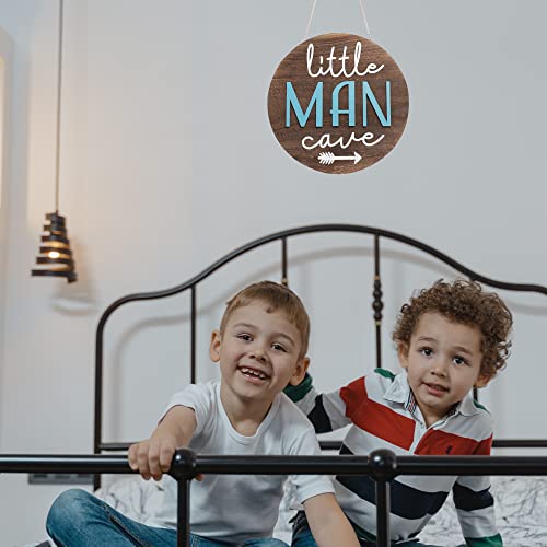 Little Man Babe Cave Door Sign Wooden Round Kids Baby Wall Plaques For Little Boys Girls Nursery Natural Wood Wall Art Toddler Bedroom Living Room Rustic Hanging Farmhouse Woodland Playroom Tent Décor (Boy Blue) #TOP6