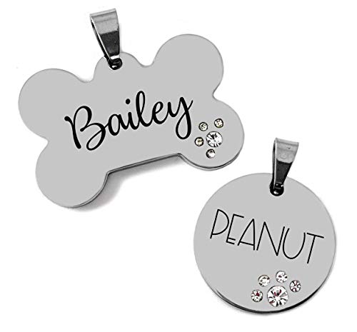 Pet ID Tag Custom Engraved Bone OR Circle with rhinestones - Choose your font - DOUBLE sided engraving included