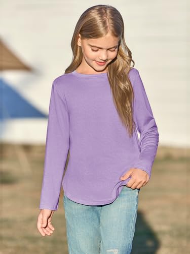 Image of Haloumoning Girls Long Sleeve T Shirts Kids Crewneck Tops 5-14 Years | Solid Color, Casual Loose Fit, Basic Tees, Curve Hem, Side Slit, Soft Tunic Tops, Fashion Clothes