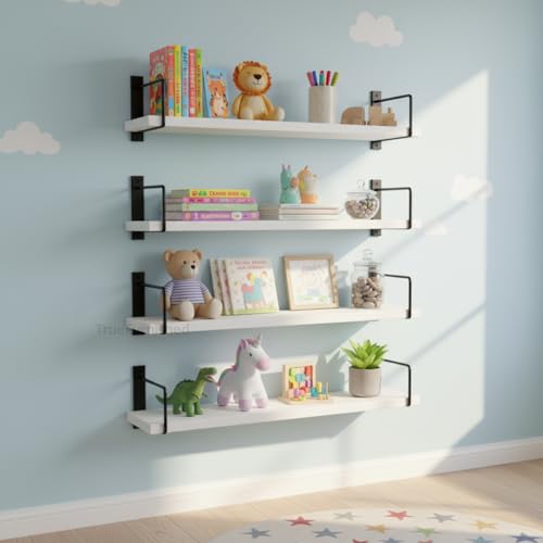 Image of Wall Shelf Mounted Bathroom Shelves Set of 3, White Rustic Wood Floating Shelves with Metal Brackets Storage Display Rack Toiletries Organizer Kitchen Bedroom Living Room 23.5 inch