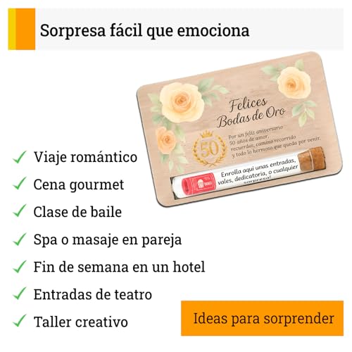 Geschenkkarte aus Holz zum 50. Jahrestag – Detail mit Überraschungsröhre für Nachrichten, Gutscheine oder Souvenirs – originelle und personalisierte Geschenke zur goldenen Hochzeit