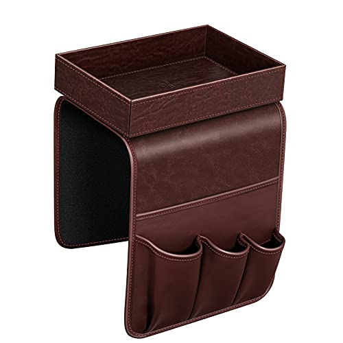 SITHON Sofa Remote Control Holder with Detachable Tray - [Non Slip] PU Leather Chair Couch Armrest Organizer Caddy with 5 Pockets for Magazines Phone iPad TV Remote Game Controller Eyeglasses (Brown) by SITHON - Used condition - Image 8