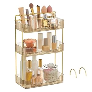 SONGMICS Makeup Organizer, 3-Tier Skincare Organizer Countertop, Customizable, 2 Types of Accessories, Jewelry Holder, for Vanity, Bedroom, Bathroom, Champagne Gold UJKA013A01