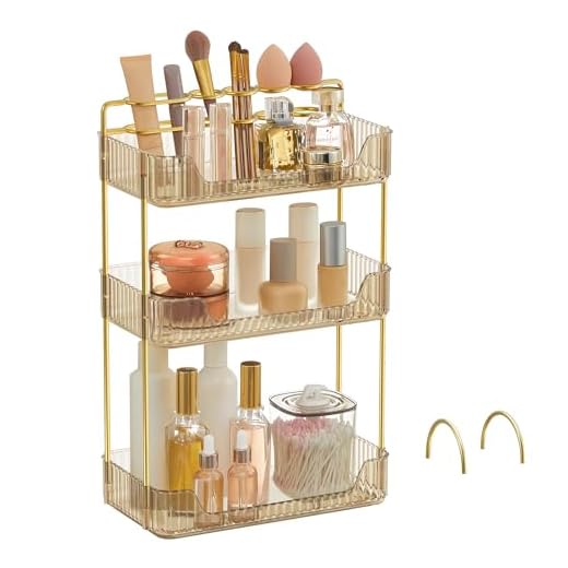 SONGMICS Makeup Organizer, 3-Tier Skincare Organizer Countertop, Customizable, 2 Types of Accessories, Jewelry Holder, for Vanity, Bedroom, Bathroom, Champagne Gold UJKA013A01