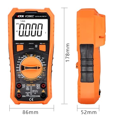 Image of Victor VC890C+ Digital Multimeter Tester, 1999 Counts, Measures DC /AC Voltage & Current Resistance Capacitance Frequency Diode Continuity Testing with Auto Power Off (Victor VC890C+)