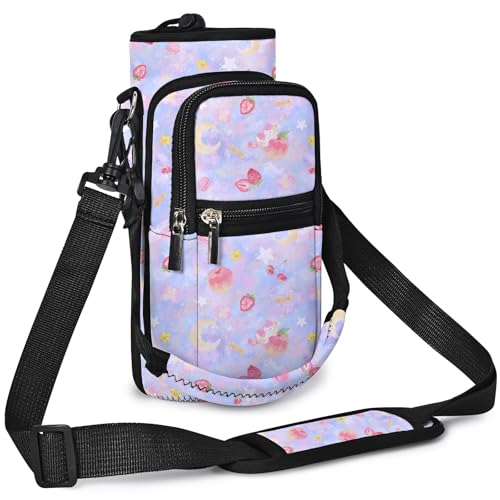AUPET Water Bottle Sling Bag Sleeve Holder Carrier 25/32/40/64 oz,Insulated Crossbody Water Bottle Case Cover with Strap and Pockets for Men/Women Walking Hiking (Cute Pastel Theme, 25oz)
