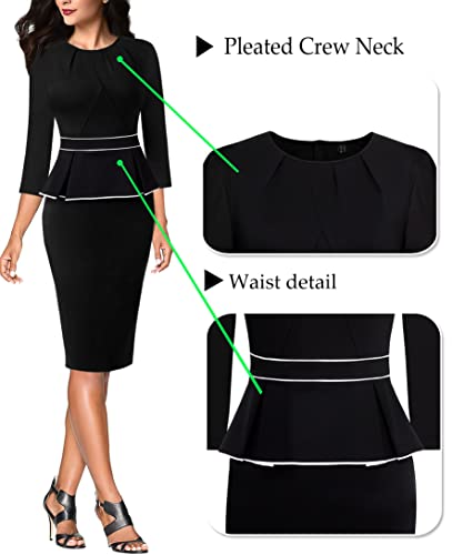 Image of VFSHOW Womens Pleated Crew Neck Peplum Slim Work Business Dress Elegant 3 /4 Sleeves Office Church Bodycon Pencil Sheath Dress