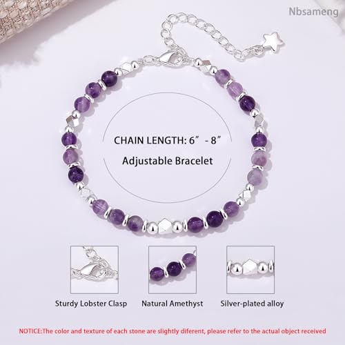 Nbsameng Natural Amethystone Bracelets for Women Adjustable Silver Boho Bracelet Handmade Purple Crystal Beaded Jewelry Gift（16-21cm）4