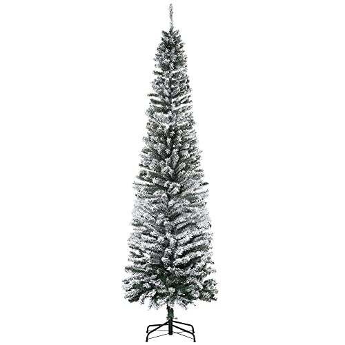 HOMCOM Árbol de Navidad 225 cm Árbol de Navidad Artificial Nevado con 738 Ramas y Soporte de Metal Árbol Navideño para Salón Verde y Blanco