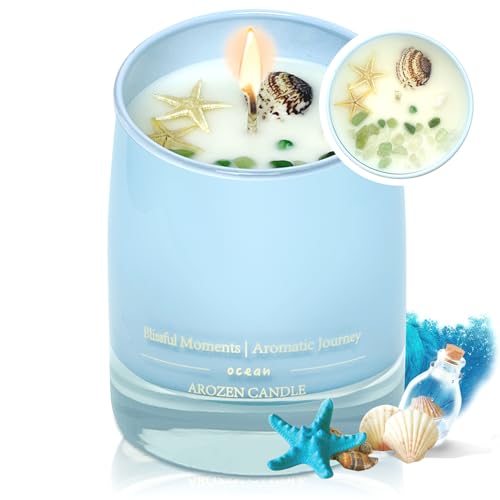 AROZEN Ocean Beach Scented Candles Gift for Women, 10oz Aromatherapy Beach Soy Candles for Home Scented, Sea Candles with Healing Crystal inside, 55H Burn for Birthday Parents' Day