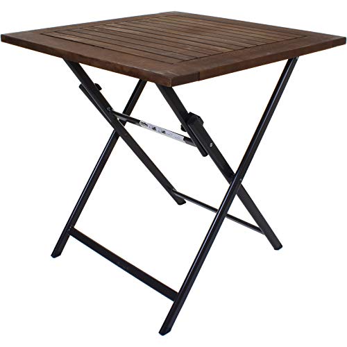 Folding Square Table Outdoor Garden Patio Furniture Wooden Top Steel Metal Frame (Dark Brown)