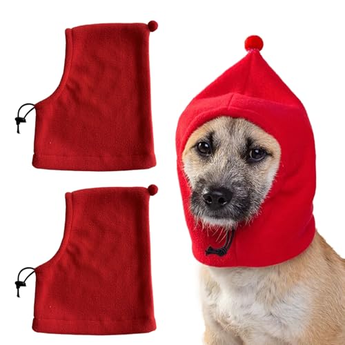 HOKABLE 2 Pcs Dog Hat, Leopard Flannel Hat Pet Christmas Winter Warm Caps Cute Accessories Neck Ear Warmer Pullover Hood Warm Scarf, Calming Dog Hood for Small Medium Large Dogs (Red L)