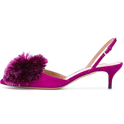Divanne Pumps for Women, Low Heel Sandals Puff Pompom Slingback Pumps Pointed Toe Kitten Heels Evening Party Wedding Shoe