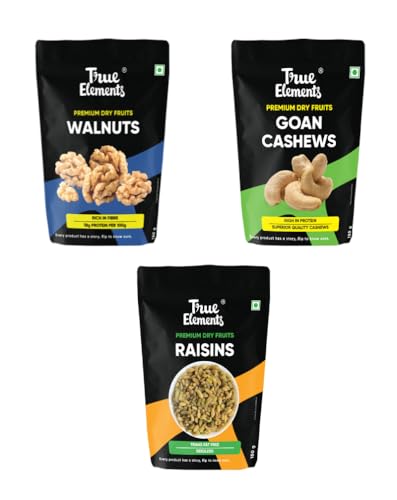 Image of True Elements Dryfruits Combo pack 450g | Raisins (Kishmish) 150gm | Goan Cashews (kaju) 150gm | Walnuts (Akhrot) 150gm | Premium Dry fruits | mixed pack | Pack of 3 | Healthy Combo pack