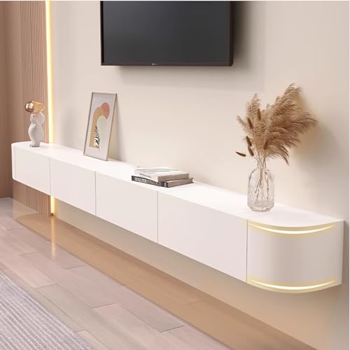 Meuble TV mural flottant moderne avec porte et grandes étagères de rangement pour salon