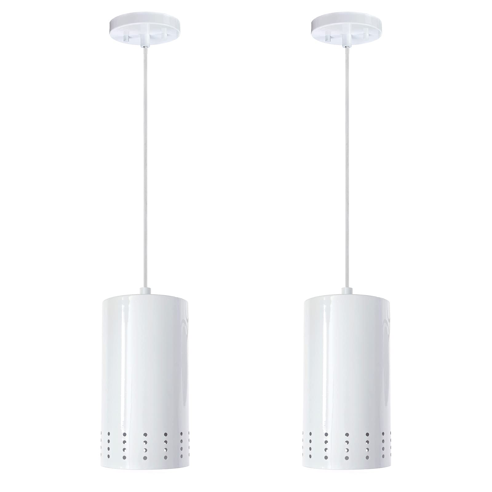 DYSMIO Lighting One-Light Adjustable Perforated Cylindrical Metal Shade, White Finish Mini Pendant Pack of 2