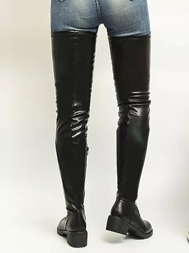 Over The Knee Boots for Womens Sexy Side Zipper Round Toe Low Chunky Heel Faux PU Leather Riding Shoes Comfy Slip On Stretch Warm Thigh High Booties (Color : Black, Size : 6 US)3