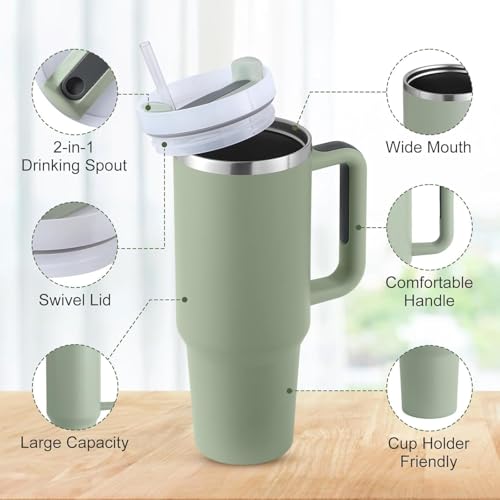 Image of Zephorus Personalized Stainless Steel Tumbler with Handle, 1200ml Capacity, Black Insulated Travel Mug with Straw, Custom Name Design (Green)