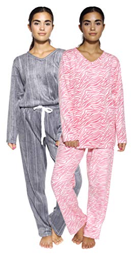 2 Pack: Women's Pajama Sets Vneck Top Micro Fleece Pajamas for Ladies Loungewear Pjs Cute Long Sleeve Warm Winte Pants Sleepwear Clothing Pj Set - Set 9, Large