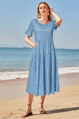 Image of STYLEWORD Womens Summer Casual Short Sleeve Flowy Midi Beach Dress