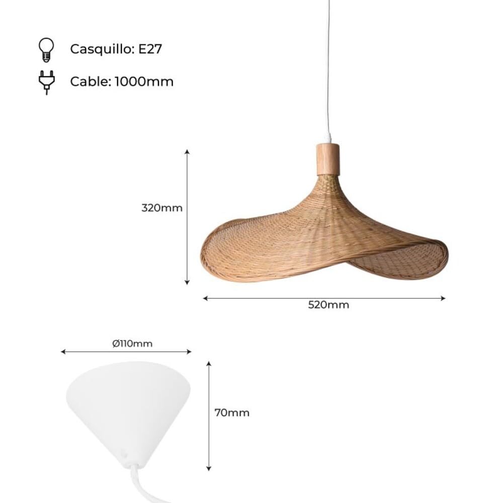 Lampada a sospensione in vimini "Bellas" Design artigianale e stile sombrero | Lampada Techo Decorativa Naturale per Comodini, Saloni o Locali | Compatibile con Bombilla E27 (non inclusa)