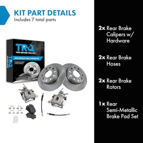 Image of TRQ Rear Brake Pad and Rotor Set Semi Metallic Solid Rotors Calipers Hoses | For 2006-2010 Volkswagen Jetta 2006-2009 Rabbit