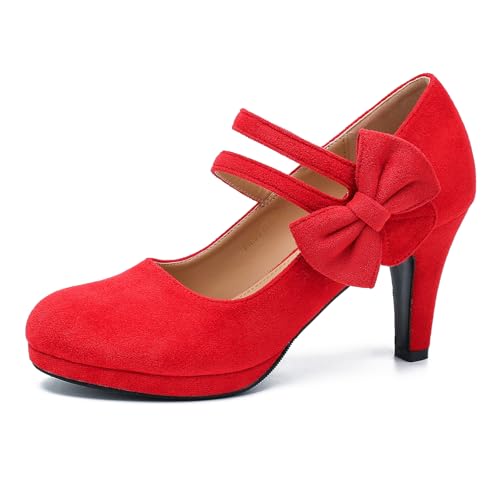 Women's Mary Jane Bow Heels Pumps Round Closed Toe Kitten Heel Double Ankle Strap Wedding Office Work Dress Shoes Red Velvet-46US 11