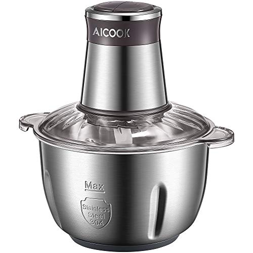 AICOOK Hachoir Électrique avec Moteur Puissant et Bol en Acier INOX 2.5L, 2 niveaux de vitesse et 4 Lames en inox, 350W Multifonction Hachoir Viande pour Viande, Légumes et fruits