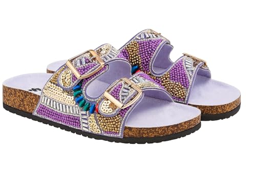 Women’s Beaded Slide Sandals with Adjustable Buckle Straps – Fancy Handmade Sequin Embellished Cork Footbed Slip-On Flats – Lightweight Summer Sandals for Casual, Beach, Travel & Everyday Wear
